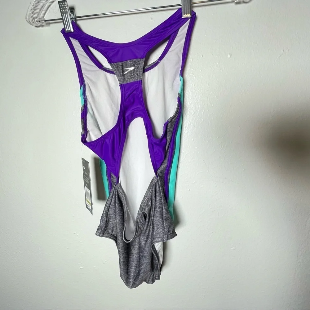 New With Tags Speedo Girls One Piece Racerback Swimsuit Size 14 Gray Purple Aqua